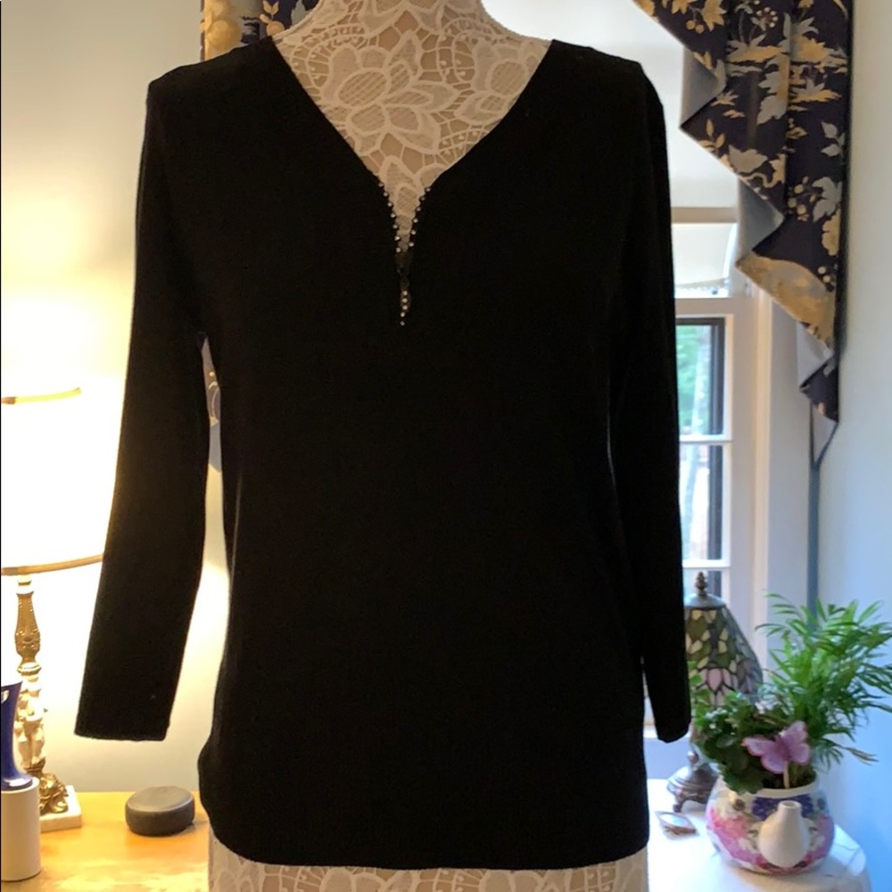 Cable & Gauge Black Sweater with Rhinestone Zipper